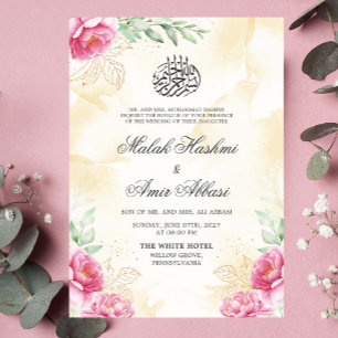 Invitation Rose Floral Or Beige Design Mariage islamique