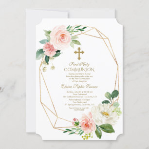 Invitation Rose Floral Or Diamond Première Communion Sainte