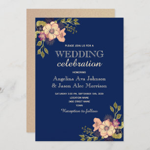 Invitation Rose floral or et Mariage bleu marine