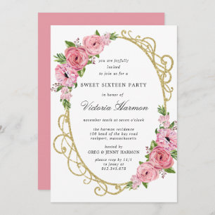 Invitation Rose Floral Or Frame Sweet 16 Party Invitat