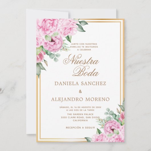 Invitation Rose Floral or Nuestra Boda Mariage espagnol (Devant)
