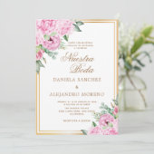 Invitation Rose Floral or Nuestra Boda Mariage espagnol (Debout devant)