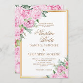 Invitation Rose Floral or Nuestra Boda Mariage espagnol (Devant / Derrière)