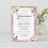 Invitation Rose floral Or papillon étincelant Quinceanera (Debout devant)