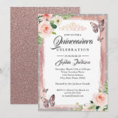 Invitation Rose floral Or papillon étincelant Quinceanera (Devant / Derrière)