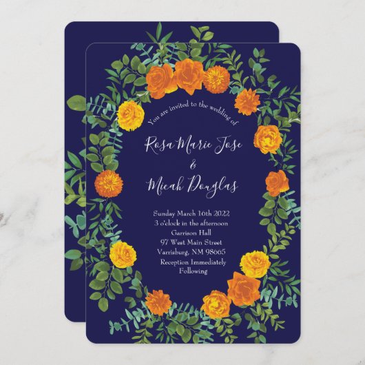Invitation Rose Floral Orange Navy Blue Peony Mariage (Devant / Derrière)