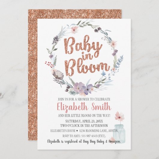 Invitation Rose Floral Parties scintillant Or Baby Dans Douch (Devant / Derrière)