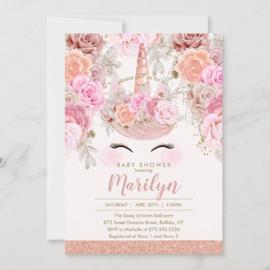 Invitation Rose Floral Parties scintillant or Baby shower Uni (Devant)