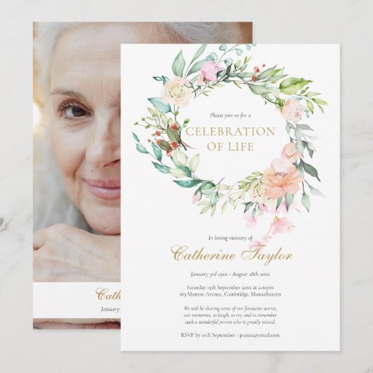 Invitation Rose Floral Photo Célébration de la vie funéraire (Devant / Derrière)