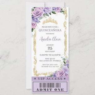Invitation Rose floral pourpre Quinceañera Sweet 16 VIP Ticke