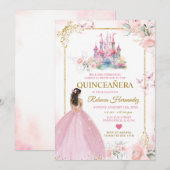 Invitation Rose Floral Princess Royal Castle Gold Quinceañera (Devant / Derrière)