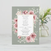 Invitation Rose Floral QR Code Sage Mariage vert (Debout devant)