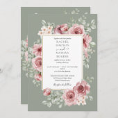 Invitation Rose Floral QR Code Sage Mariage vert (Devant / Derrière)