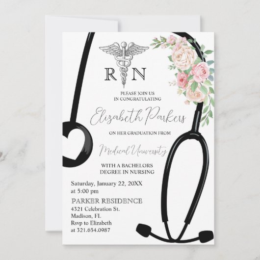 Invitation Rose Floral RN Nursing School (Devant)