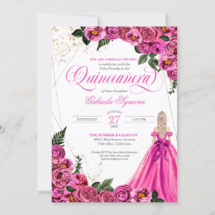 Invitation Rose floral rose & Gold Elegant Gown Quinceañera I