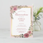Invitation Rose floral rose pâle Gold Quinceañera Invitatiati (Debout devant)