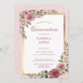 Invitation Rose floral rose pâle Gold Quinceañera Invitatiati (Devant / Derrière)