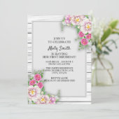 Invitation Rose Floral Rustique Bois bébé fille premier anniv (Debout devant)