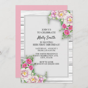 Invitation Rose Floral Rustique Bois bébé fille premier anniv