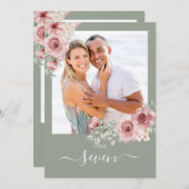 Invitation Rose Floral Sage Green Numéro de tableau photo (Devant / Derrière)