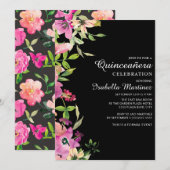 Invitation Rose Floral Sage Vert Feuille Black Quinceañera (Devant / Derrière)