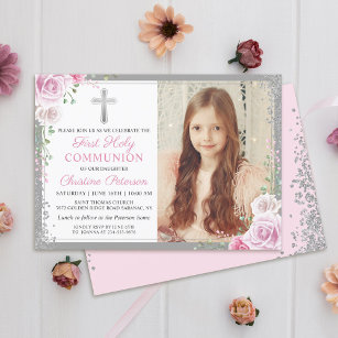 Invitation Rose Floral Silver Girl Première Sainte Communion 