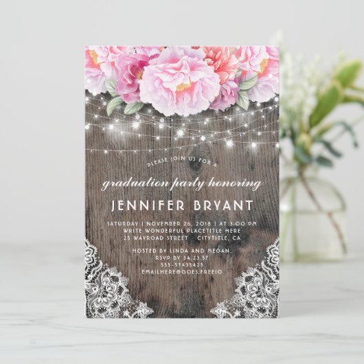 Invitation Rose Floral String éclaire Rustic Graduation Party (Debout devant)