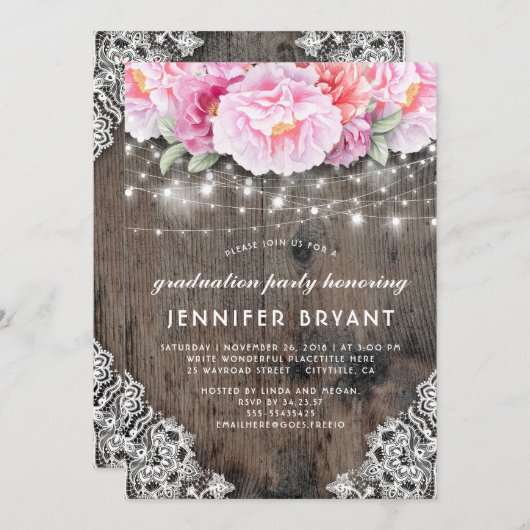 Invitation Rose Floral String éclaire Rustic Graduation Party (Devant / Derrière)
