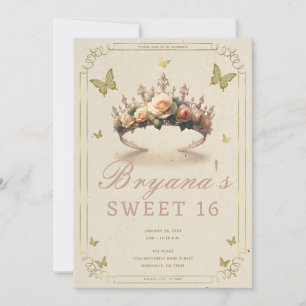 Invitation Rose Floral Tiara & Gold Butterflies Sweet 16