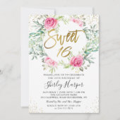 Invitation Rose Floral Vert Or Script Sweet 16 Anniversaire (Devant)