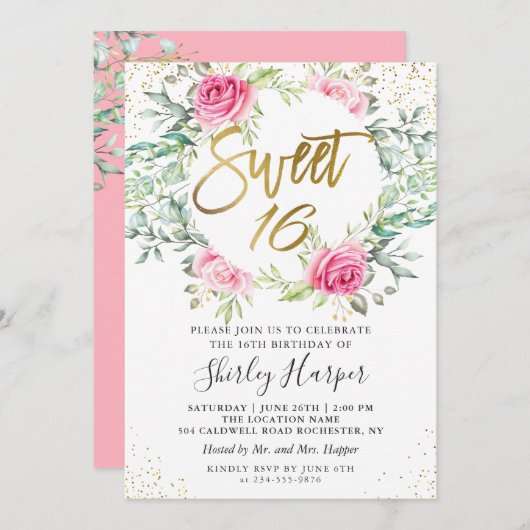 Invitation Rose Floral Vert Or Script Sweet 16 Anniversaire (Devant / Derrière)