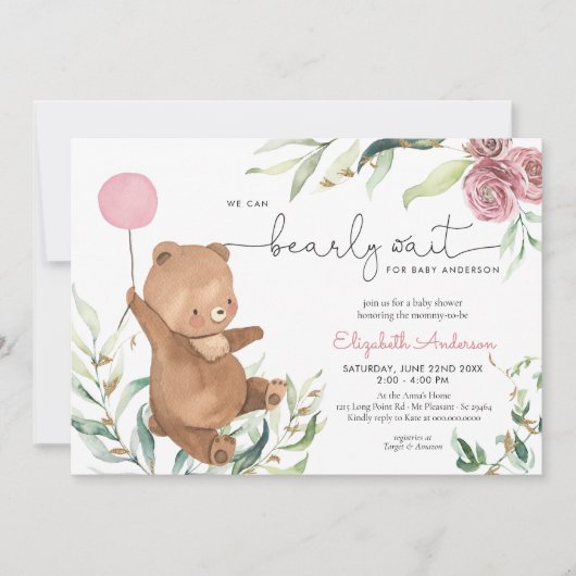 Invitation Rose Floral Vert Ours Balloon Fille Baby shower (Devant)