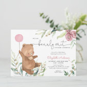 Invitation Rose Floral Vert Ours Balloon Fille Baby shower (Debout devant)
