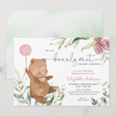 Invitation Rose Floral Vert Ours Balloon Fille Baby shower (Devant / Derrière)