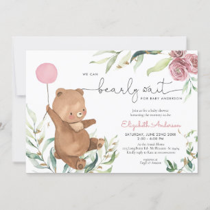 Invitation Rose Floral Vert Ours Balloon Fille Baby shower