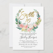 Invitation Rose Floral vert Wreath Gold Script Sweet 16 (Devant)