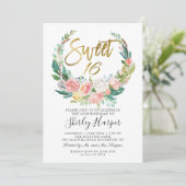 Invitation Rose Floral vert Wreath Gold Script Sweet 16 (Debout devant)