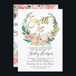 Invitation Rose Floral vert Wreath Gold Script Sweet 16<br><div class="desc">Rose Floral vert Wreath Gold Script Sweet 16 Invitation</div>