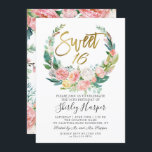 Invitation Rose Floral vert Wreath Gold Script Sweet 16<br><div class="desc">Rose Floral vert Wreath Gold Script Sweet 16 Invitation</div>