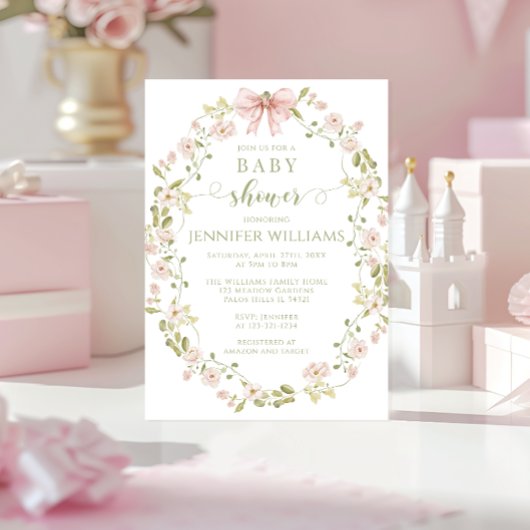Invitation Rose Floral Wreath Bow Baby Girl Douche