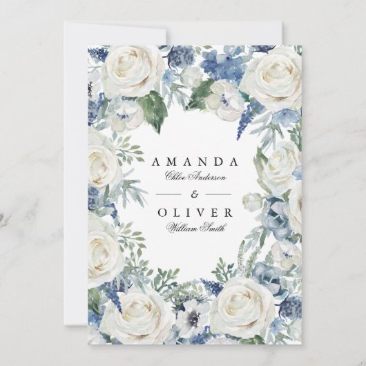 Invitation Rose Florale Bleu Poussiéreux Élégant Classique Ma (Dos)