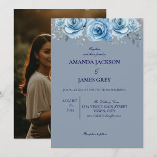 Invitation Rose Florale Bleu Poussiéreux Photo de Dos Mariage