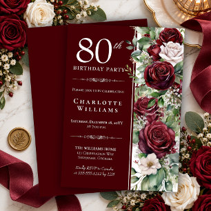 Invitation Rose florale de vin de Bourgogne élégante pour 80e