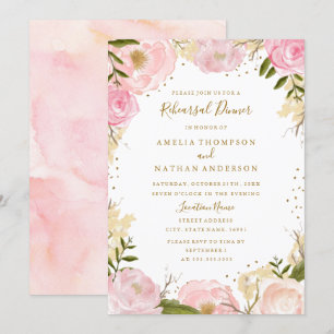Invitation Rose Florale Gold Blush Repas de Répétition de Mar