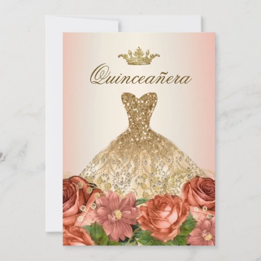 Invitation Rose Florale Or Rose Quinceanera (Dos)