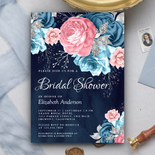 Invitation Rose Florale Rose Navy Fête de Mariage Bleu Poussi