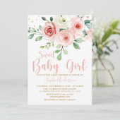 Invitation Rose florale rose pâle Baby shower bébé fille (Debout devant)