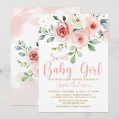 Invitation Rose florale rose pâle Baby shower bébé fille (Devant / Derrière)