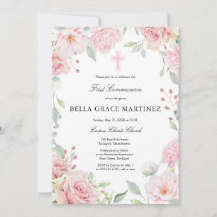 Invitation Rose Florale Rose Pâle Première Communion