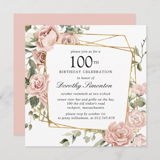 Invitation Rose Florale Rose Poussiéreuse 100e Anniversaire (Devant / Derrière)